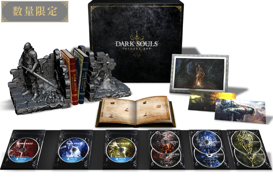 Dark Souls Trilogy Box - 3 Playstation 4 Games + Soundtrack CD + Art Set +  Bookend + Book